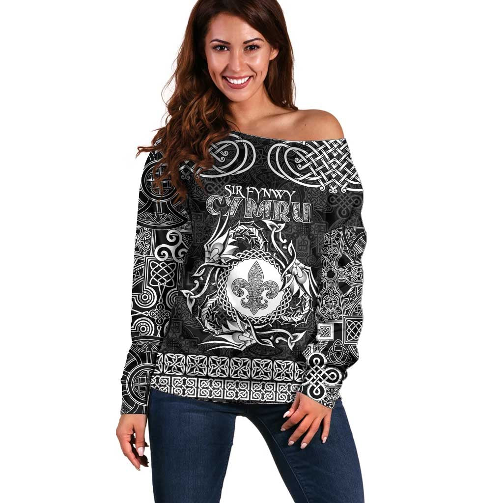 Personalized Monmouthshire Sir Fynwy Off Shoulder Sweater Black Fleur-de-lis Celtic-inspired - Wonder Print Shop