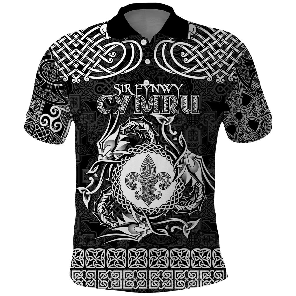 Personalized Monmouthshire Sir Fynwy Polo Shirt Black Fleur-de-lis Celtic-inspired - Wonder Print Shop