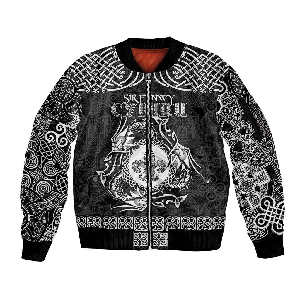 Personalized Monmouthshire Sir Fynwy Sleeve Zip Bomber Jacket Black Fleur-de-lis Celtic-inspired - Wonder Print Shop