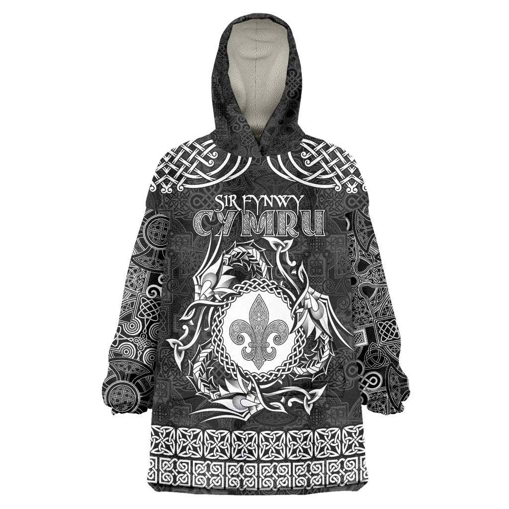 Personalized Monmouthshire Sir Fynwy Wearable Blanket Hoodie Black Fleur-de-lis Celtic-inspired - Wonder Print Shop