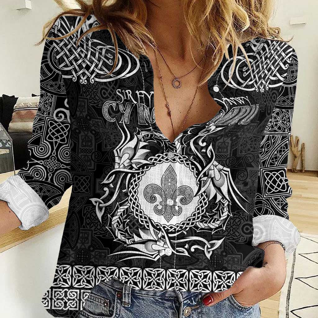 Personalized Monmouthshire Sir Fynwy Women Casual Shirt Black Fleur-de-lis Celtic-inspired - Wonder Print Shop