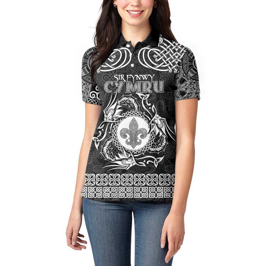 Personalized Monmouthshire Sir Fynwy Women Polo Shirt Black Fleur-de-lis Celtic-inspired - Wonder Print Shop