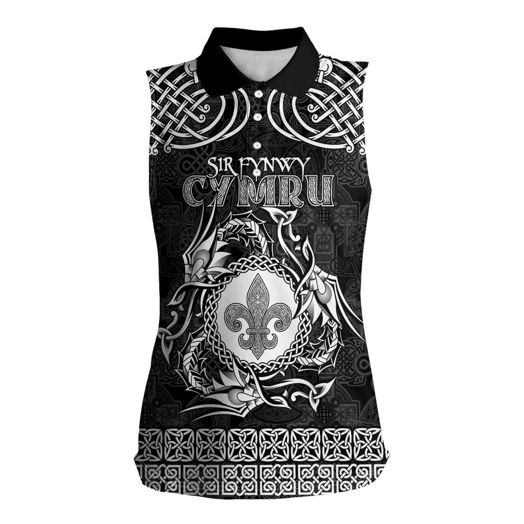 Personalized Monmouthshire Sir Fynwy Women Sleeveless Polo Shirt Black Fleur-de-lis Celtic-inspired - Wonder Print Shop