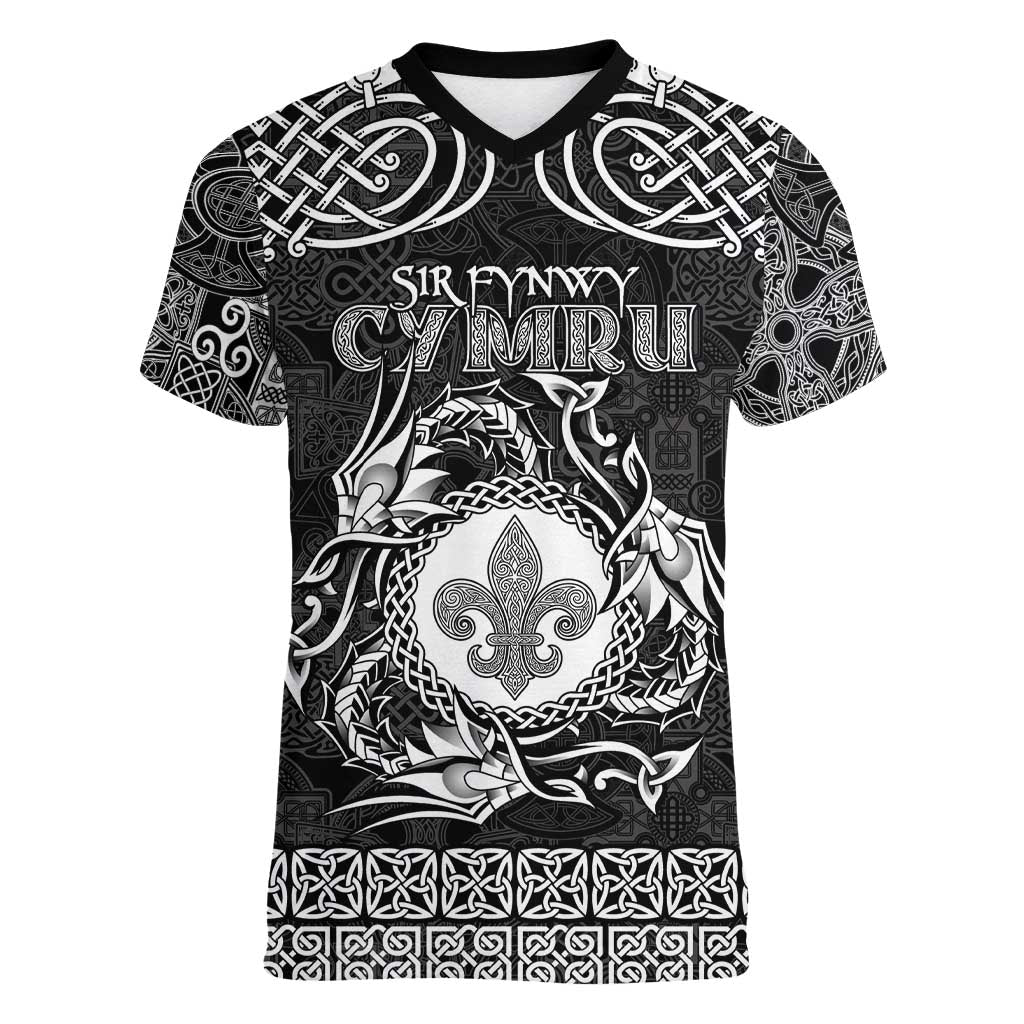 Personalized Monmouthshire Sir Fynwy Women V-Neck T-Shirt Black Fleur-de-lis Celtic-inspired - Wonder Print Shop