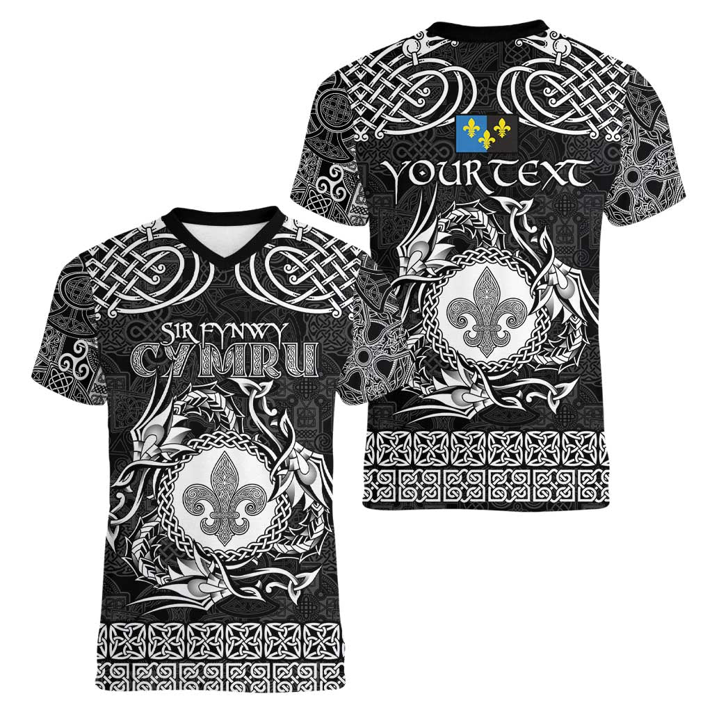 Personalized Monmouthshire Sir Fynwy Women V-Neck T-Shirt Black Fleur-de-lis Celtic-inspired - Wonder Print Shop