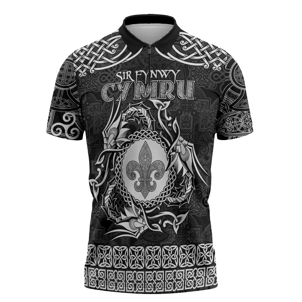 Personalized Monmouthshire Sir Fynwy Zipper Polo Shirt Black Fleur-de-lis Celtic-inspired - Wonder Print Shop
