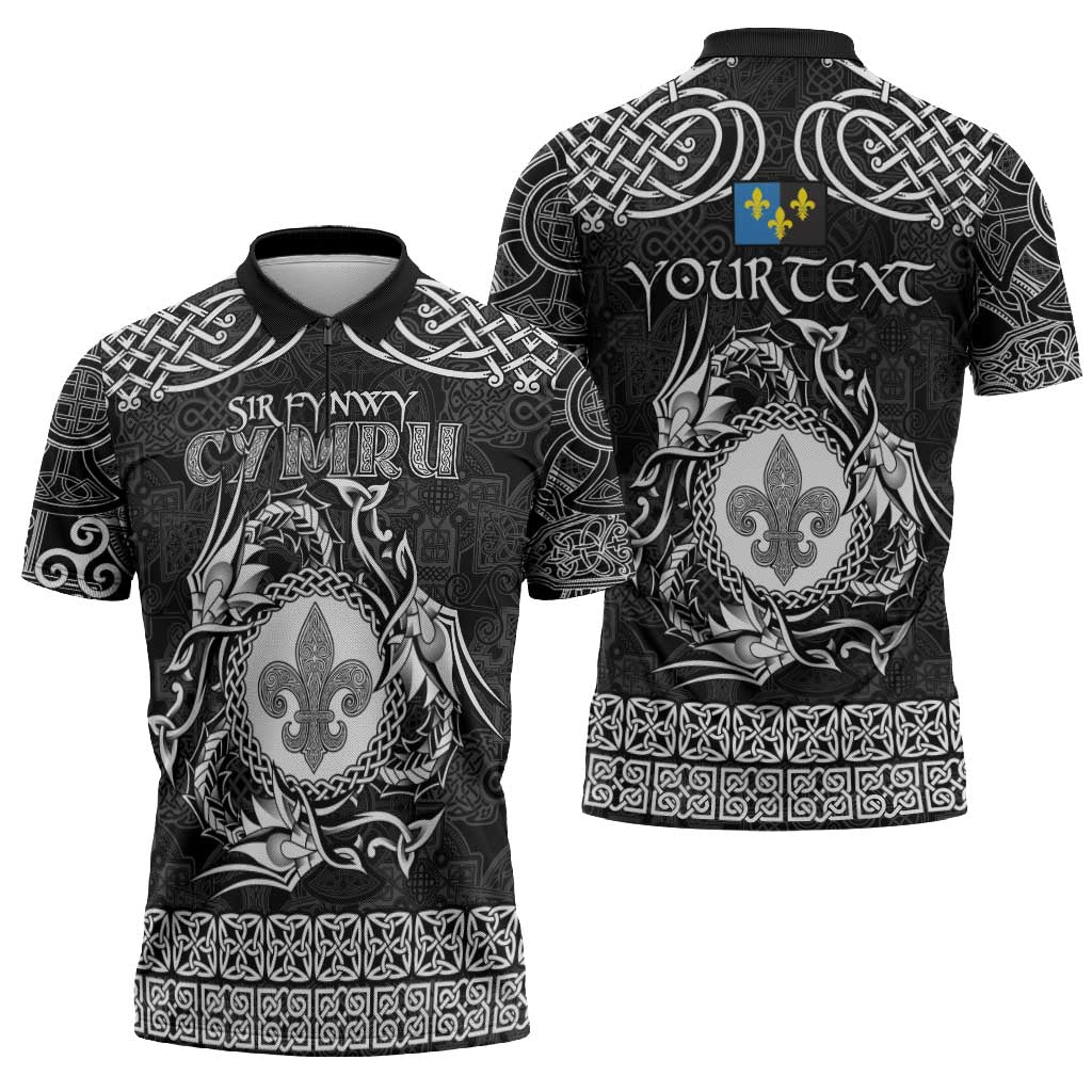 Personalized Monmouthshire Sir Fynwy Zipper Polo Shirt Black Fleur-de-lis Celtic-inspired - Wonder Print Shop