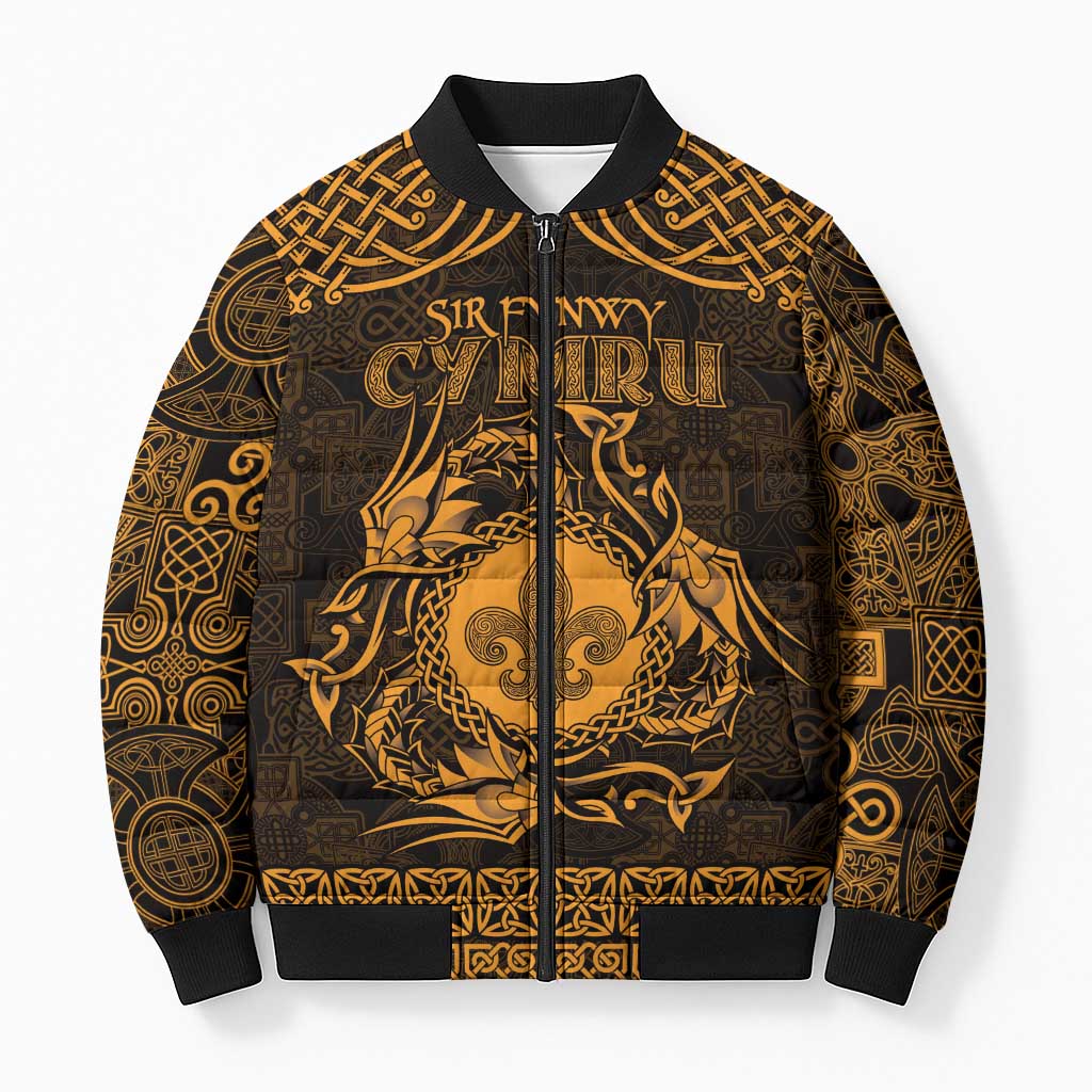 Personalized Monmouthshire Sir Fynwy Bomber Puffer Jacket Gold Fleur-de-lis Celtic-inspired - Wonder Print Shop