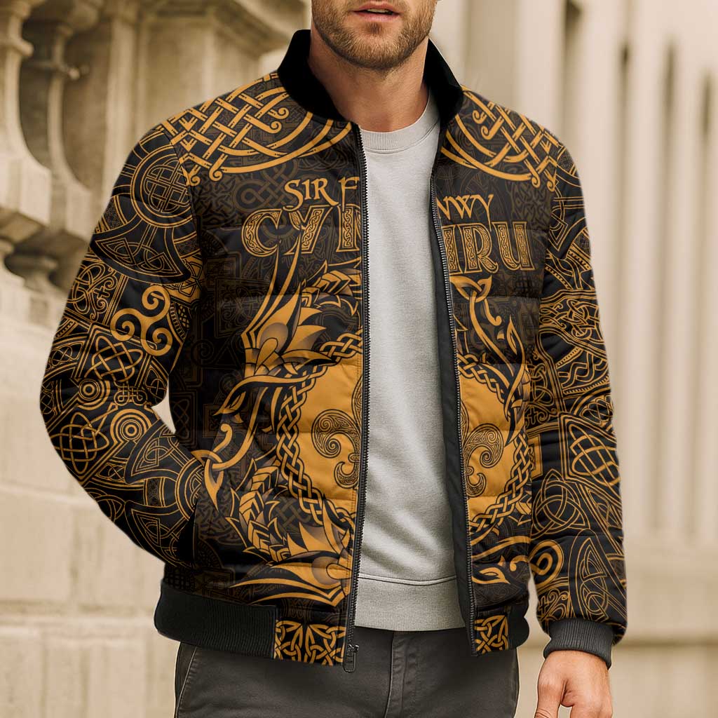 Personalized Monmouthshire Sir Fynwy Bomber Puffer Jacket Gold Fleur-de-lis Celtic-inspired - Wonder Print Shop