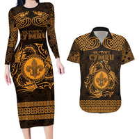 Personalized Monmouthshire Sir Fynwy Couples Matching Long Sleeve Bodycon Dress and Hawaiian Shirt Gold Fleur-de-lis Celtic-inspired - Wonder Print Shop