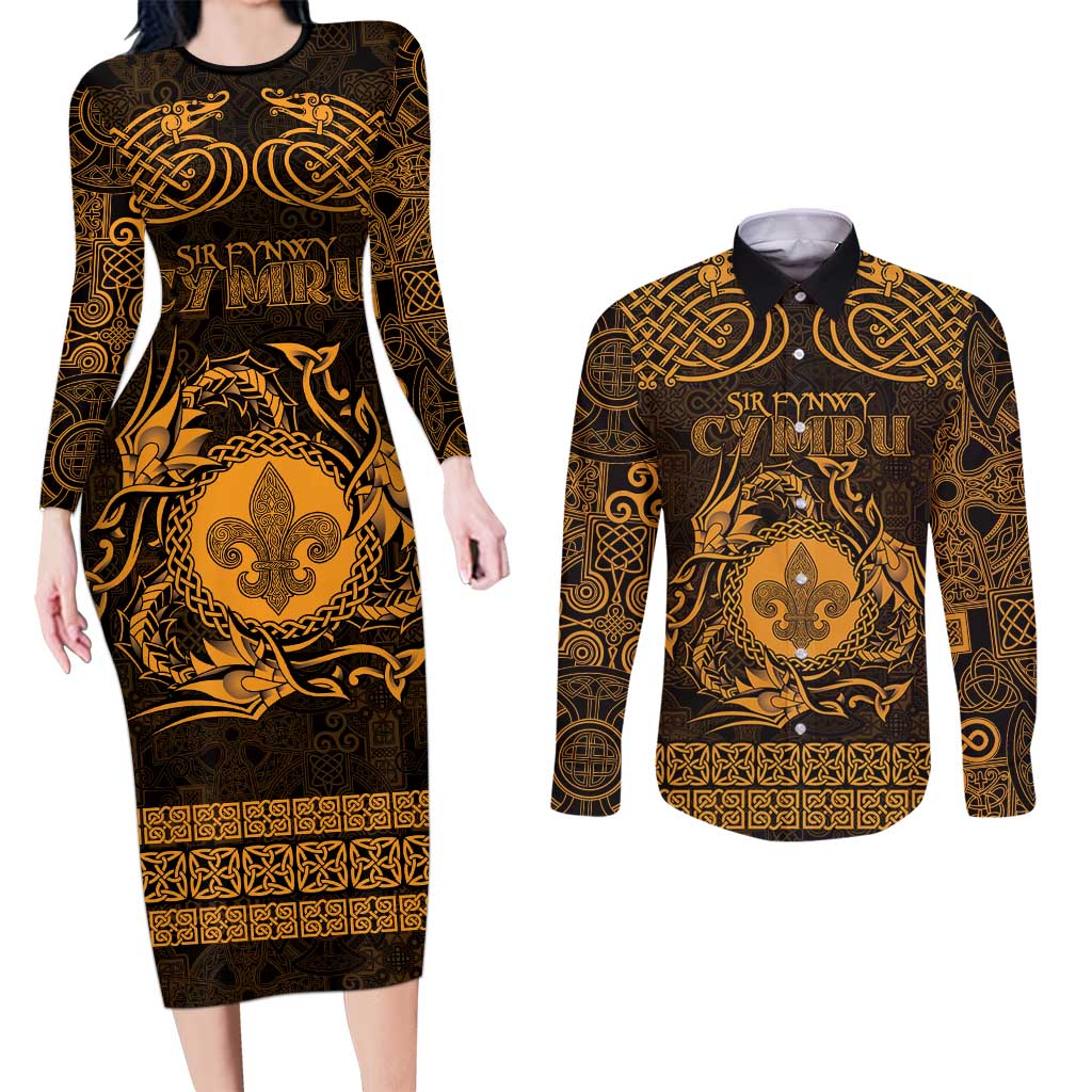 Personalized Monmouthshire Sir Fynwy Couples Matching Long Sleeve Bodycon Dress and Long Sleeve Button Shirt Gold Fleur-de-lis Celtic-inspired - Wonder Print Shop