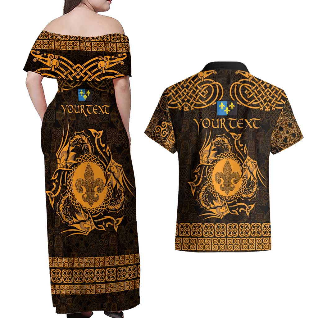 Personalized Monmouthshire Sir Fynwy Couples Matching Off Shoulder Maxi Dress and Hawaiian Shirt Gold Fleur-de-lis Celtic-inspired - Wonder Print Shop