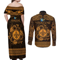 Personalized Monmouthshire Sir Fynwy Couples Matching Off Shoulder Maxi Dress and Long Sleeve Button Shirt Gold Fleur-de-lis Celtic-inspired - Wonder Print Shop