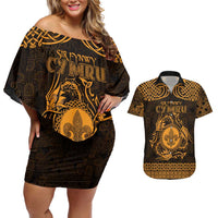 Personalized Monmouthshire Sir Fynwy Couples Matching Off Shoulder Short Dress and Hawaiian Shirt Gold Fleur-de-lis Celtic-inspired - Wonder Print Shop