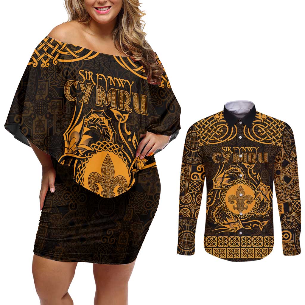 Personalized Monmouthshire Sir Fynwy Couples Matching Off Shoulder Short Dress and Long Sleeve Button Shirt Gold Fleur-de-lis Celtic-inspired - Wonder Print Shop