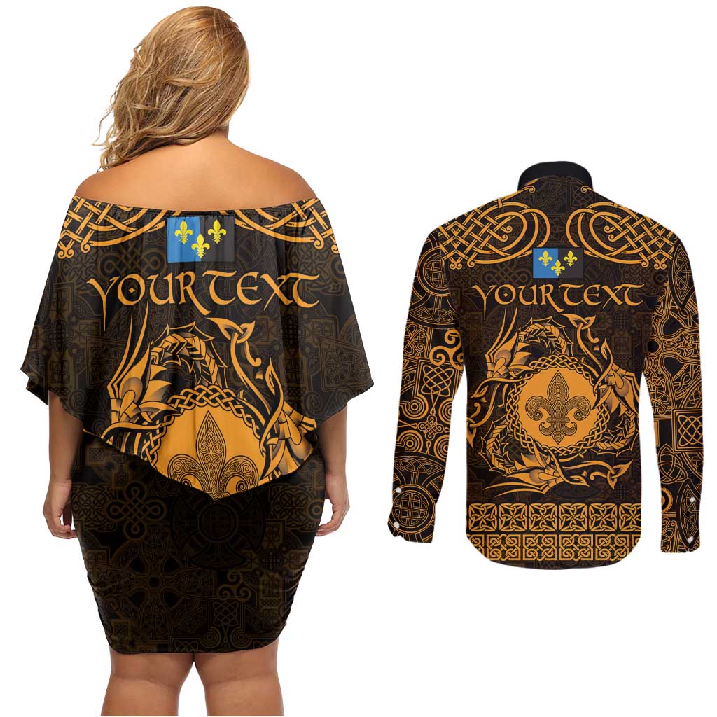 Personalized Monmouthshire Sir Fynwy Couples Matching Off Shoulder Short Dress and Long Sleeve Button Shirt Gold Fleur-de-lis Celtic-inspired - Wonder Print Shop