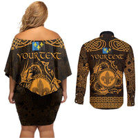 Personalized Monmouthshire Sir Fynwy Couples Matching Off Shoulder Short Dress and Long Sleeve Button Shirt Gold Fleur-de-lis Celtic-inspired - Wonder Print Shop