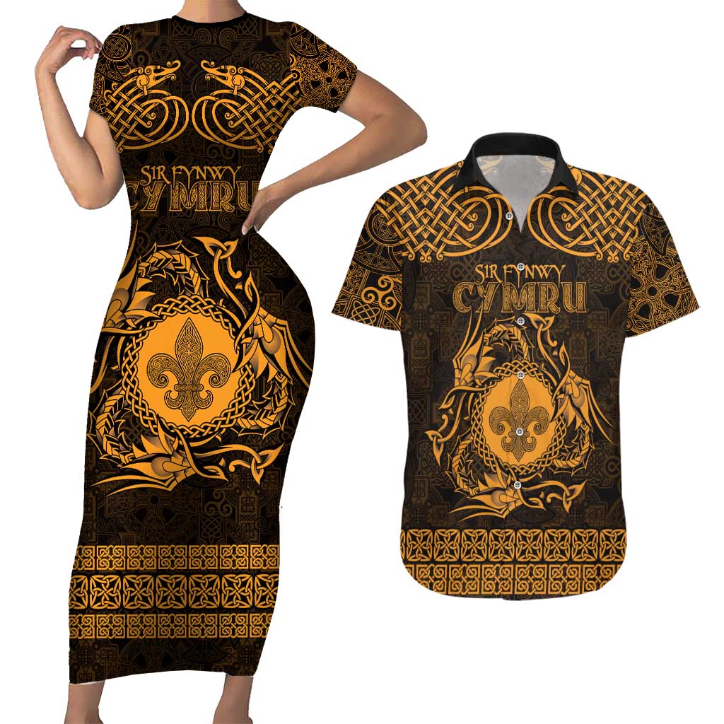 Personalized Monmouthshire Sir Fynwy Couples Matching Short Sleeve Bodycon Dress and Hawaiian Shirt Gold Fleur-de-lis Celtic-inspired - Wonder Print Shop