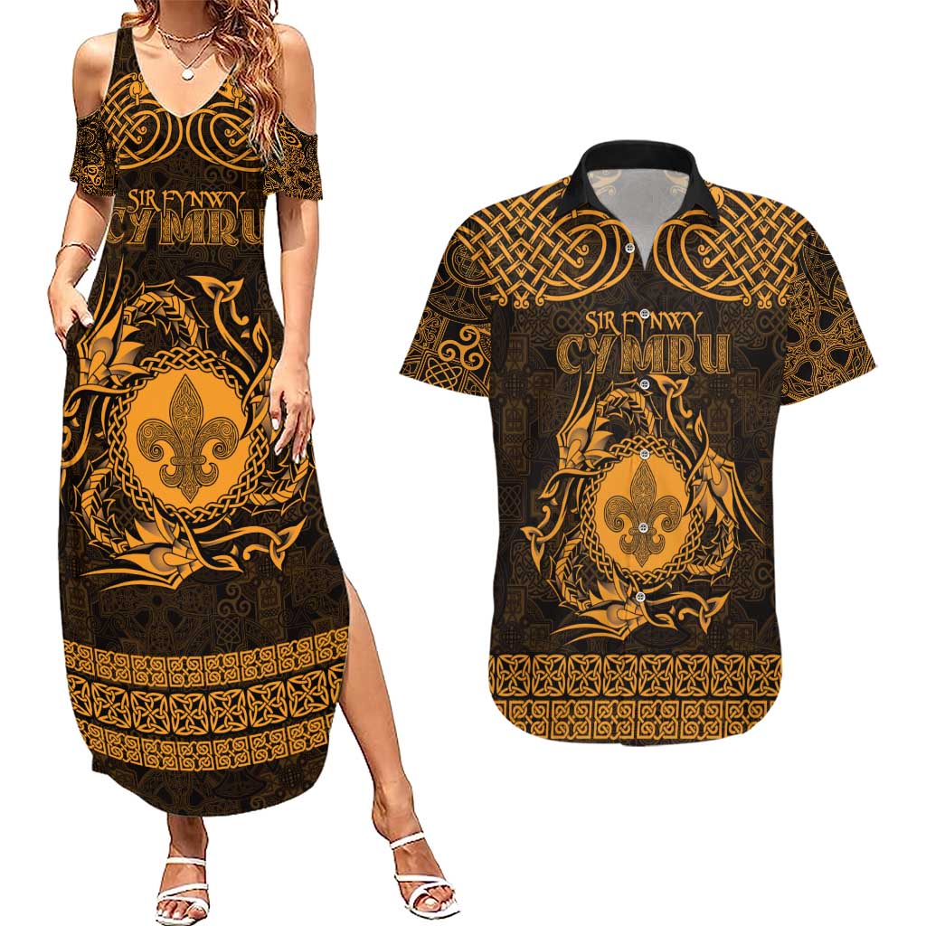 Personalized Monmouthshire Sir Fynwy Couples Matching Summer Maxi Dress and Hawaiian Shirt Gold Fleur-de-lis Celtic-inspired - Wonder Print Shop