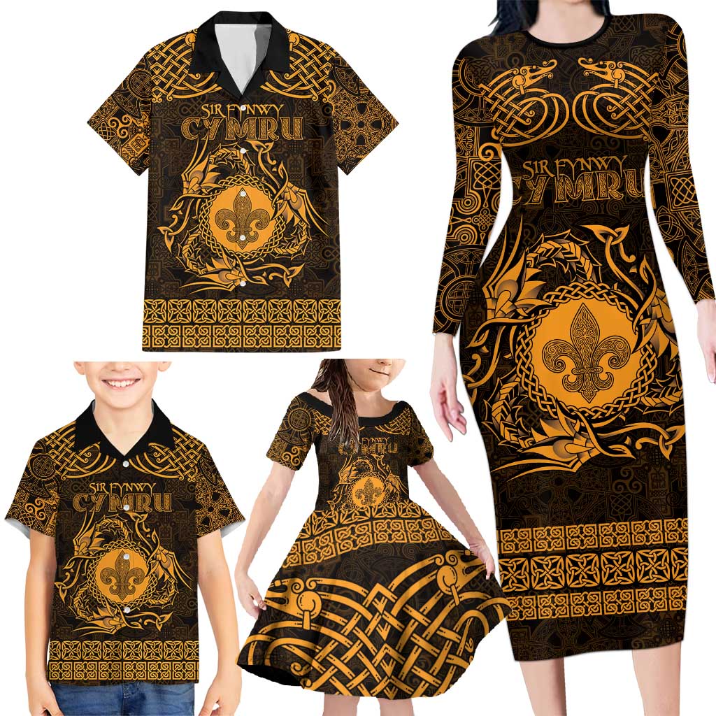 Personalized Monmouthshire Sir Fynwy Family Matching Long Sleeve Bodycon Dress and Hawaiian Shirt Gold Fleur-de-lis Celtic-inspired - Wonder Print Shop