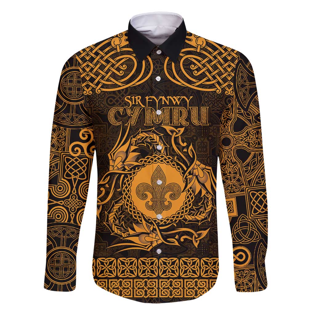 Personalized Monmouthshire Sir Fynwy Family Matching Long Sleeve Bodycon Dress and Hawaiian Shirt Gold Fleur-de-lis Celtic-inspired - Wonder Print Shop