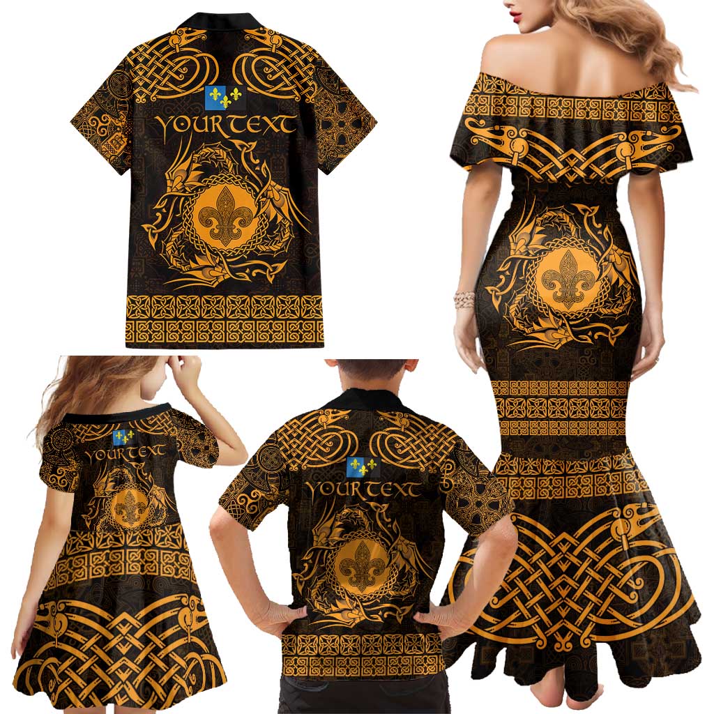 Personalized Monmouthshire Sir Fynwy Family Matching Mermaid Dress and Hawaiian Shirt Gold Fleur-de-lis Celtic-inspired - Wonder Print Shop