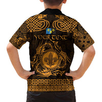 Personalized Monmouthshire Sir Fynwy Family Matching Off The Shoulder Long Sleeve Dress and Hawaiian Shirt Gold Fleur-de-lis Celtic-inspired - Wonder Print Shop