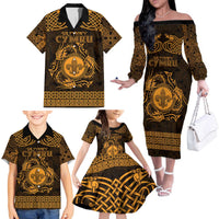 Personalized Monmouthshire Sir Fynwy Family Matching Off The Shoulder Long Sleeve Dress and Hawaiian Shirt Gold Fleur-de-lis Celtic-inspired - Wonder Print Shop