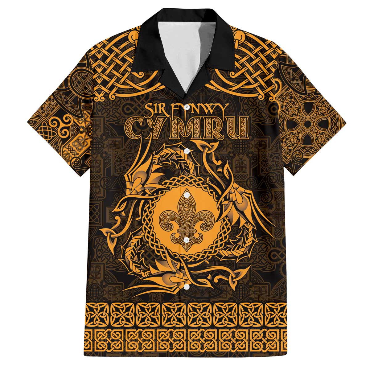 Personalized Monmouthshire Sir Fynwy Family Matching Off The Shoulder Long Sleeve Dress and Hawaiian Shirt Gold Fleur-de-lis Celtic-inspired - Wonder Print Shop