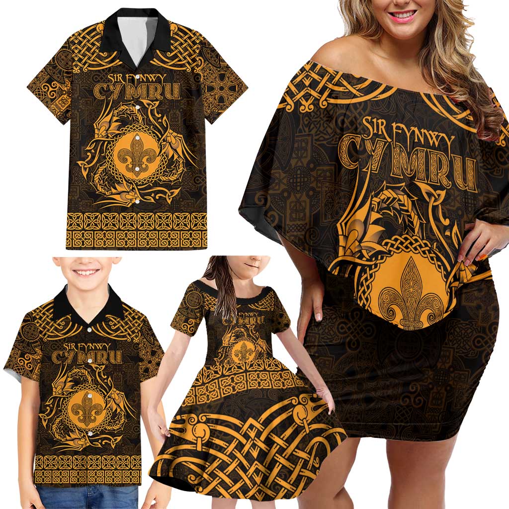 Personalized Monmouthshire Sir Fynwy Family Matching Off Shoulder Short Dress and Hawaiian Shirt Gold Fleur-de-lis Celtic-inspired - Wonder Print Shop