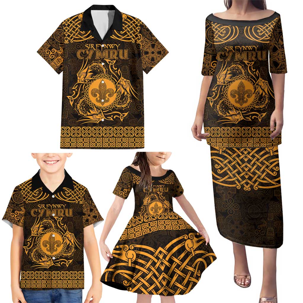 Personalized Monmouthshire Sir Fynwy Family Matching Puletasi and Hawaiian Shirt Gold Fleur-de-lis Celtic-inspired - Wonder Print Shop
