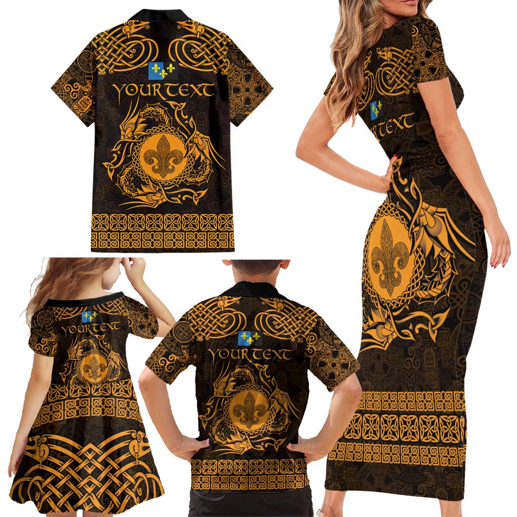 Personalized Monmouthshire Sir Fynwy Family Matching Short Sleeve Bodycon Dress and Hawaiian Shirt Gold Fleur-de-lis Celtic-inspired - Wonder Print Shop