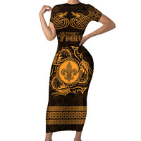 Personalized Monmouthshire Sir Fynwy Family Matching Short Sleeve Bodycon Dress and Hawaiian Shirt Gold Fleur-de-lis Celtic-inspired - Wonder Print Shop
