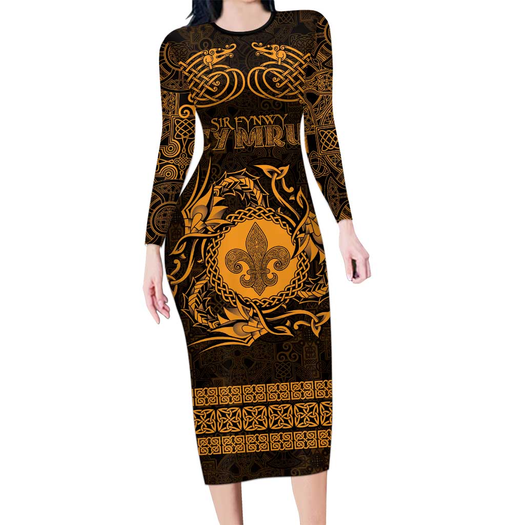 Personalized Monmouthshire Sir Fynwy Long Sleeve Bodycon Dress Gold Fleur-de-lis Celtic-inspired - Wonder Print Shop
