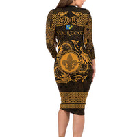 Personalized Monmouthshire Sir Fynwy Long Sleeve Bodycon Dress Gold Fleur-de-lis Celtic-inspired - Wonder Print Shop