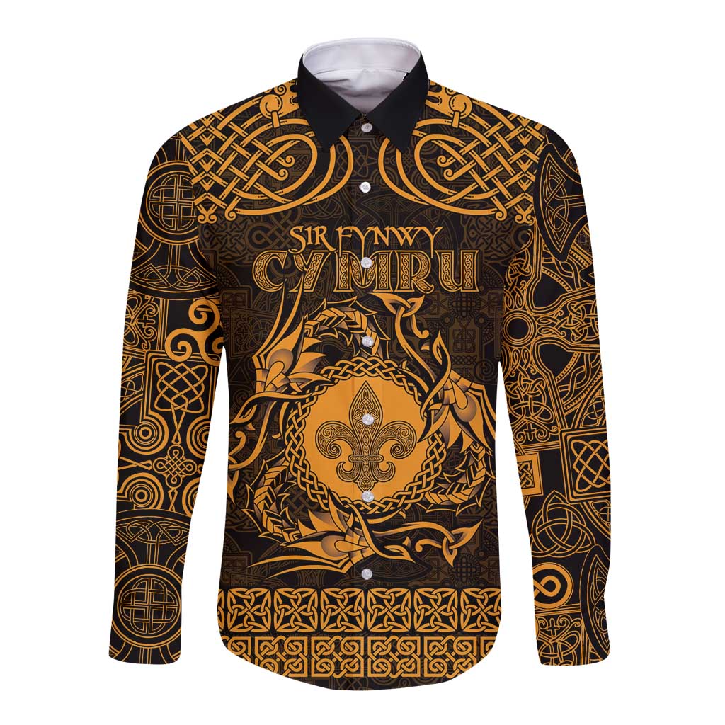 Personalized Monmouthshire Sir Fynwy Long Sleeve Button Shirt Gold Fleur-de-lis Celtic-inspired - Wonder Print Shop