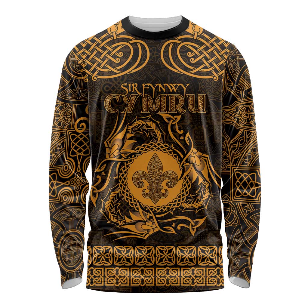 Personalized Monmouthshire Sir Fynwy Long Sleeve Shirt Gold Fleur-de-lis Celtic-inspired - Wonder Print Shop