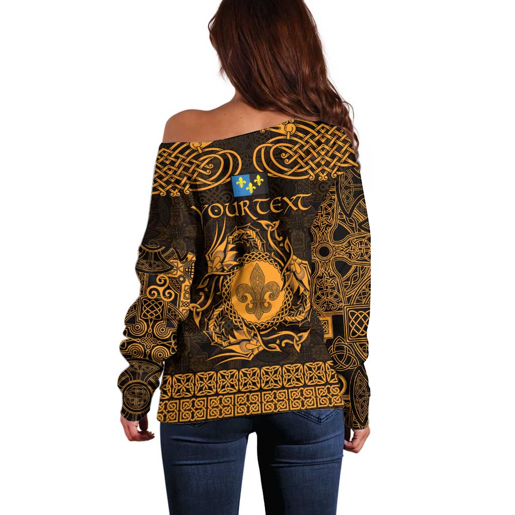 Personalized Monmouthshire Sir Fynwy Off Shoulder Sweater Gold Fleur-de-lis Celtic-inspired - Wonder Print Shop