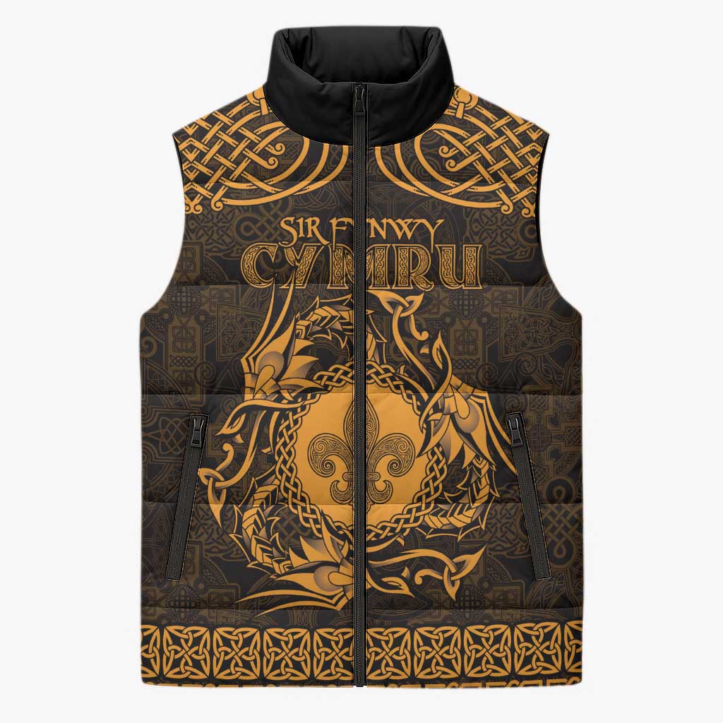 Personalized Monmouthshire Sir Fynwy Sleeveless Puffer Jacket Gold Fleur-de-lis Celtic-inspired - Wonder Print Shop