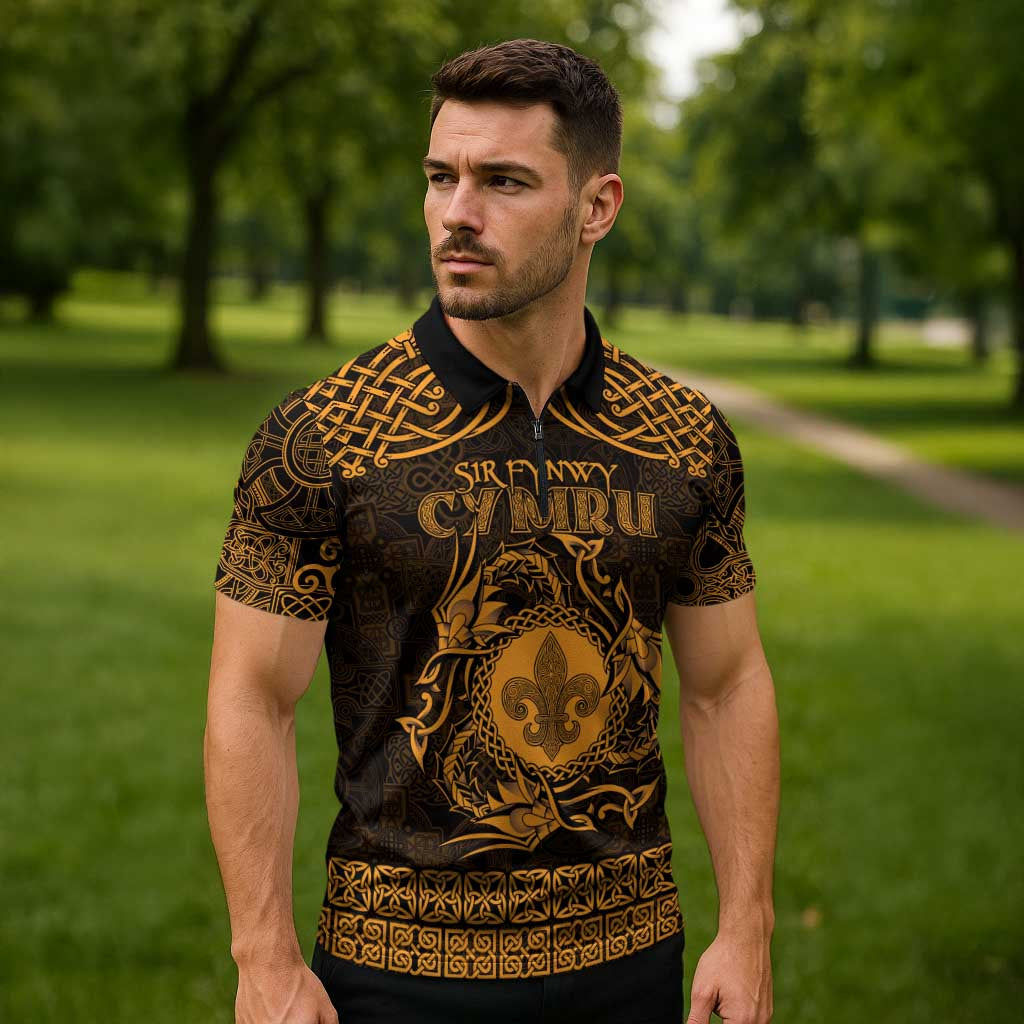 Personalized Monmouthshire Sir Fynwy Zipper Polo Shirt Gold Fleur-de-lis Celtic-inspired - Wonder Print Shop