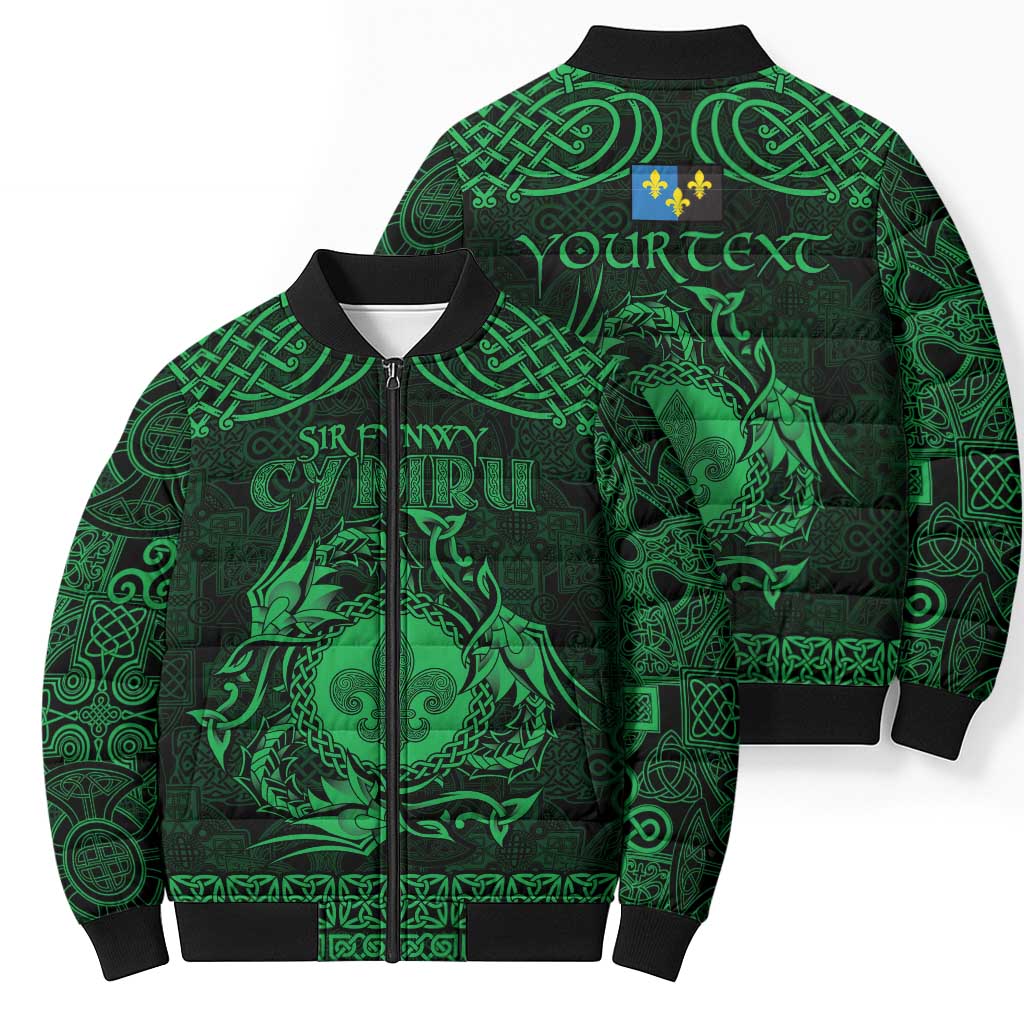 Personalized Monmouthshire Sir Fynwy Bomber Puffer Jacket Green Fleur-de-lis Celtic-inspired - Wonder Print Shop
