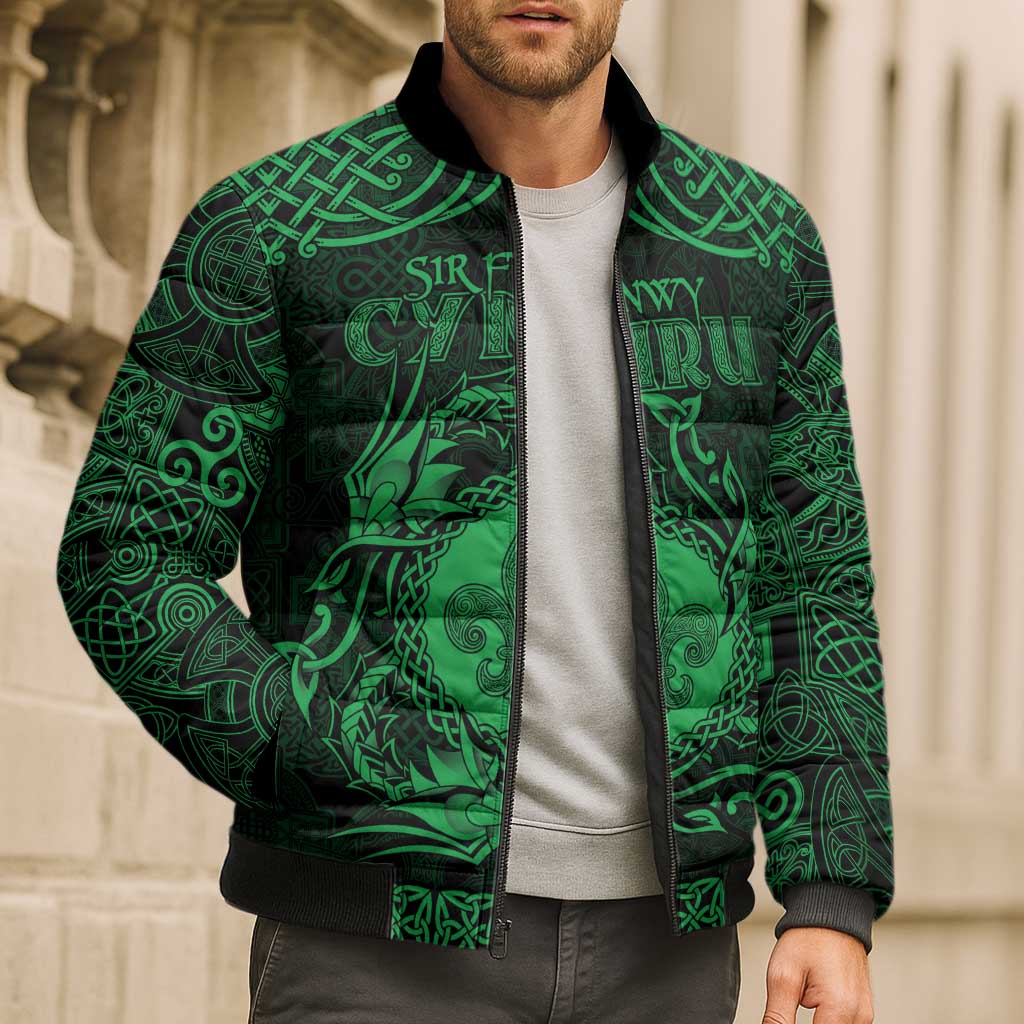 Personalized Monmouthshire Sir Fynwy Bomber Puffer Jacket Green Fleur-de-lis Celtic-inspired - Wonder Print Shop