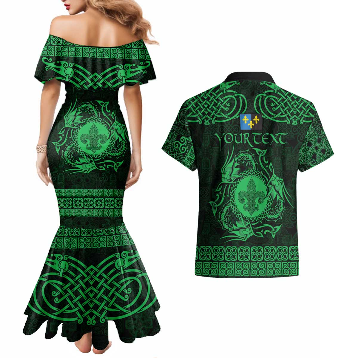 Personalized Monmouthshire Sir Fynwy Couples Matching Mermaid Dress and Hawaiian Shirt Green Fleur-de-lis Celtic-inspired - Wonder Print Shop
