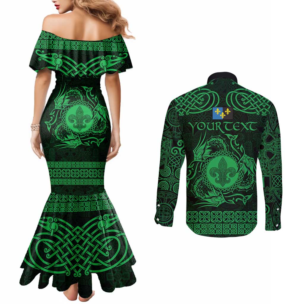 Personalized Monmouthshire Sir Fynwy Couples Matching Mermaid Dress and Long Sleeve Button Shirt Green Fleur-de-lis Celtic-inspired - Wonder Print Shop
