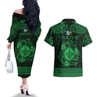 Personalized Monmouthshire Sir Fynwy Couples Matching Off The Shoulder Long Sleeve Dress and Hawaiian Shirt Green Fleur-de-lis Celtic-inspired - Wonder Print Shop