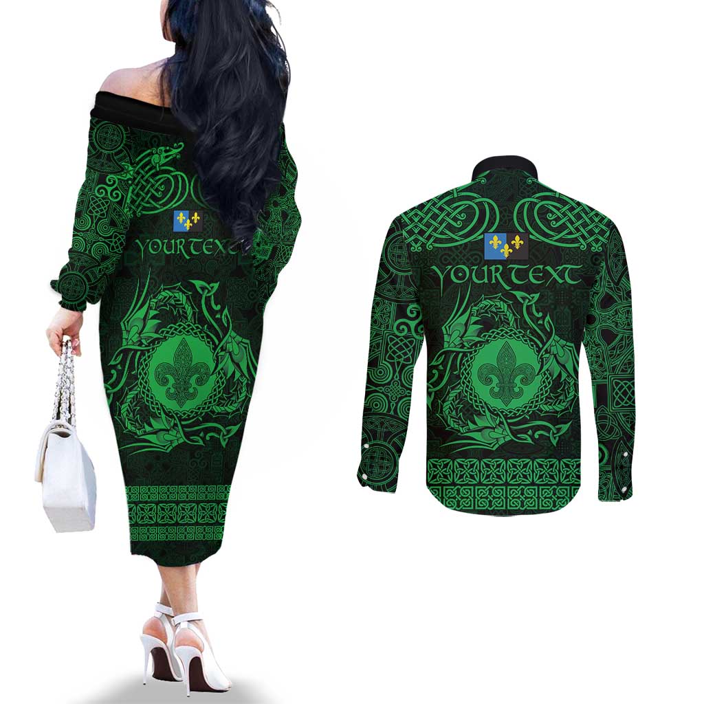 Personalized Monmouthshire Sir Fynwy Couples Matching Off The Shoulder Long Sleeve Dress and Long Sleeve Button Shirt Green Fleur-de-lis Celtic-inspired - Wonder Print Shop
