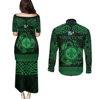 Personalized Monmouthshire Sir Fynwy Couples Matching Puletasi and Long Sleeve Button Shirt Green Fleur-de-lis Celtic-inspired - Wonder Print Shop