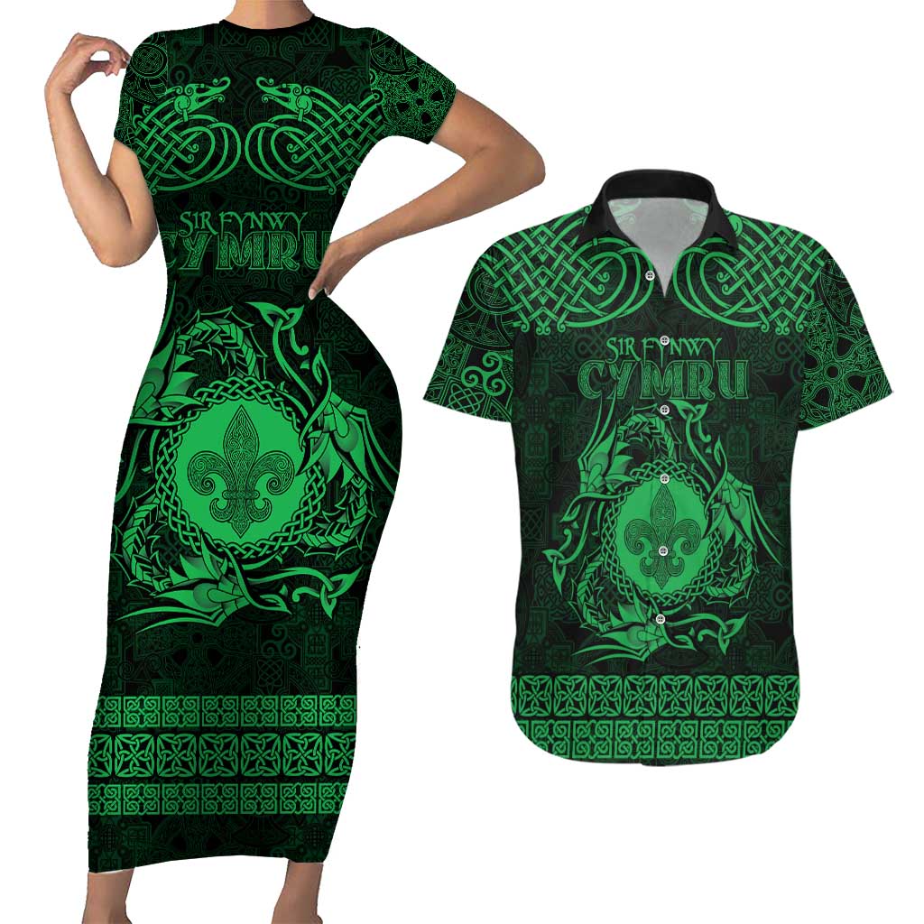 Personalized Monmouthshire Sir Fynwy Couples Matching Short Sleeve Bodycon Dress and Hawaiian Shirt Green Fleur-de-lis Celtic-inspired - Wonder Print Shop