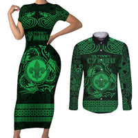 Personalized Monmouthshire Sir Fynwy Couples Matching Short Sleeve Bodycon Dress and Long Sleeve Button Shirt Green Fleur-de-lis Celtic-inspired - Wonder Print Shop