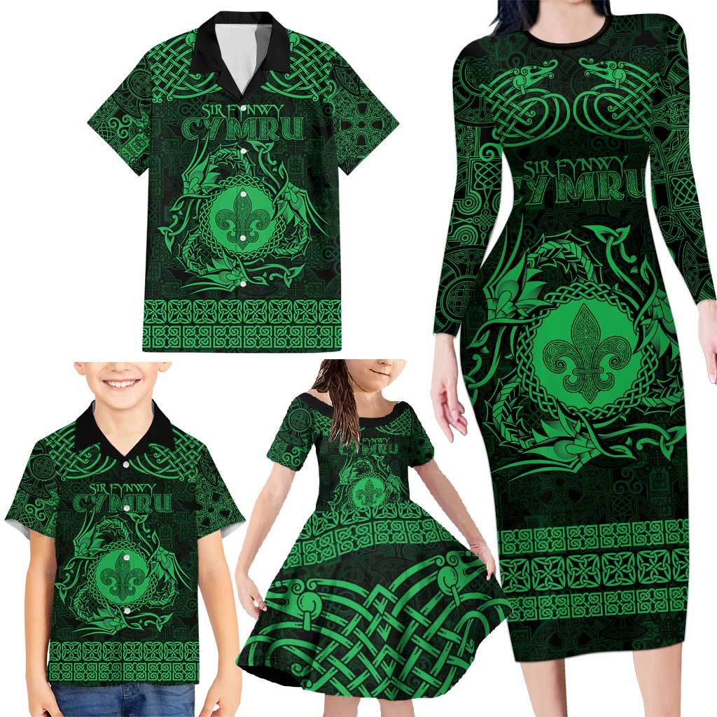 Personalized Monmouthshire Sir Fynwy Family Matching Long Sleeve Bodycon Dress and Hawaiian Shirt Green Fleur-de-lis Celtic-inspired - Wonder Print Shop